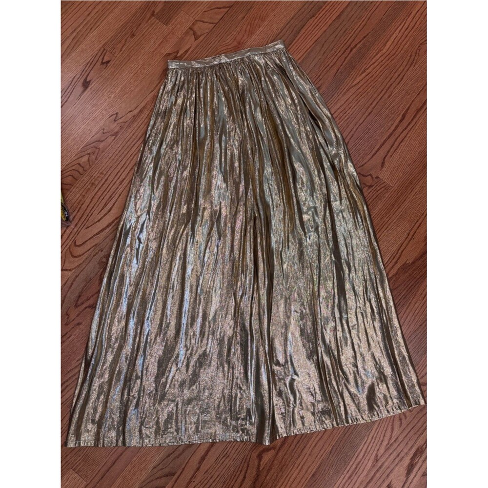 Vintage Anne Crimmins Uni Collections Gold Metallic Crinkle Maxi Skirt Rear Zip